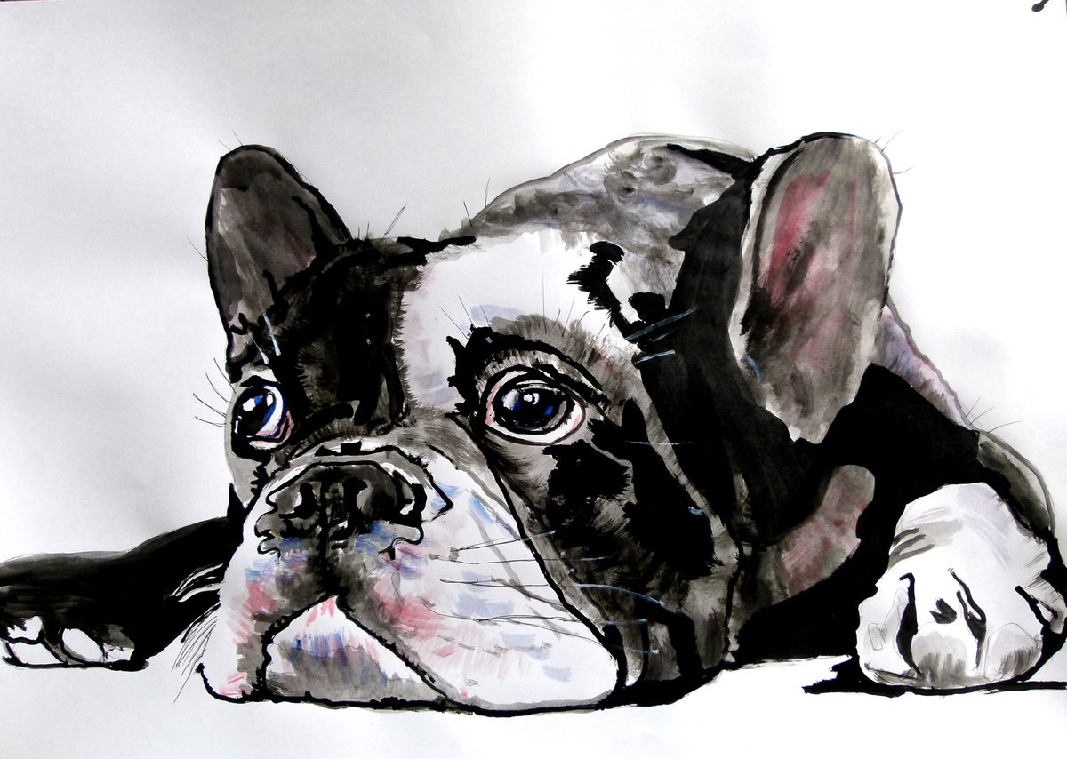 Photorealistic Animal Acrylic Painting By Soso Kumsiashvili, 33 X 24", Bulldog, Original Artwork
