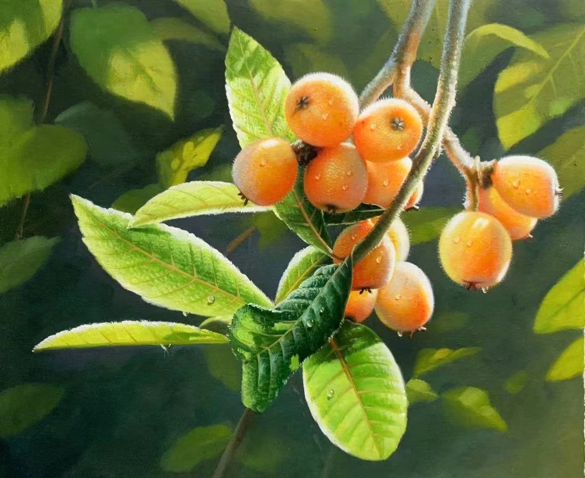 Photorealistic Still Life Oil Painting By Kunlong Wang, 24 X 20", Still Life:loquats On The Branches C198, Original Artwork