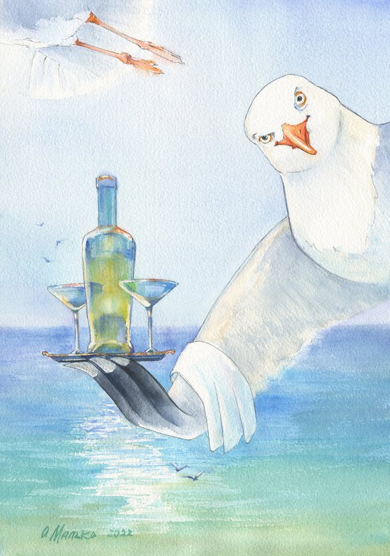 Series Coastal Cafe / ORIGINAL watercolor Unique pictures Seagulls Sea illustration