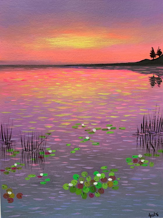 Water lily pond at sunset - 5 ! Painting on paper