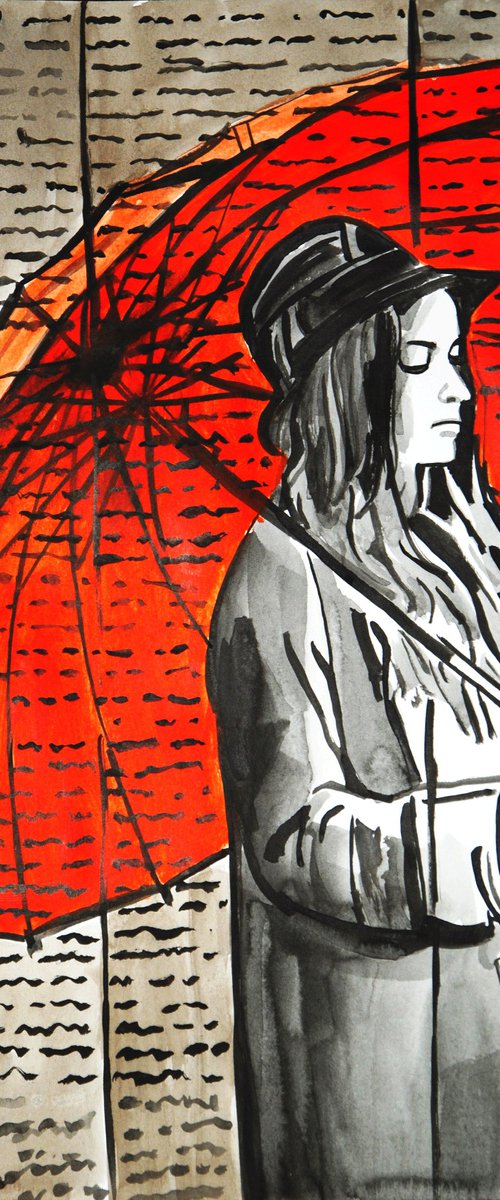 Girl with a red umbrella #2 / 42 x 29.7 cm by Alexandra Djokic