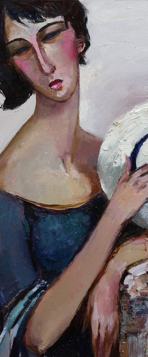 White hat - Woman portrait inspired by Modigliani by Anastasiia Valiulina