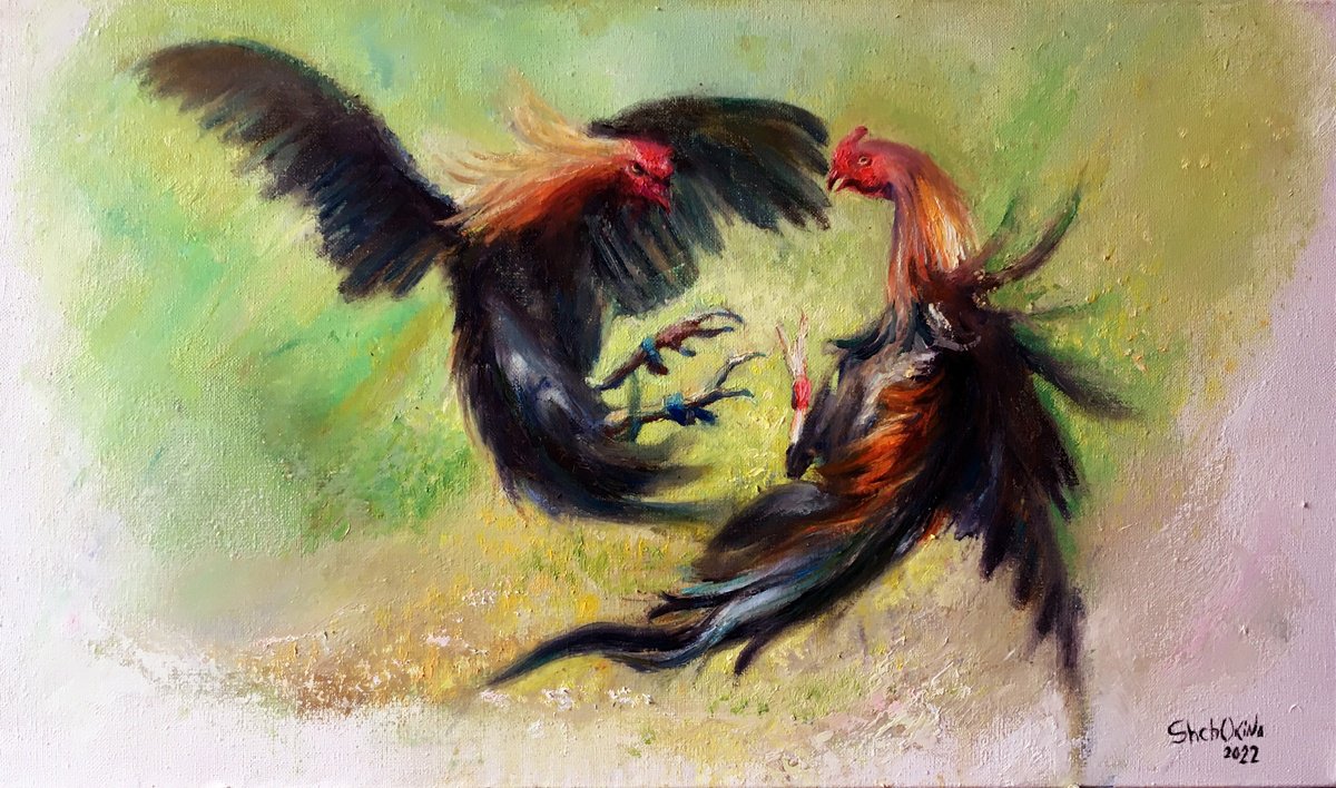 Expressive Animal Oil Painting By Helen Shukina, 24 X 14, Roosters . Rural Life, Original Artwork