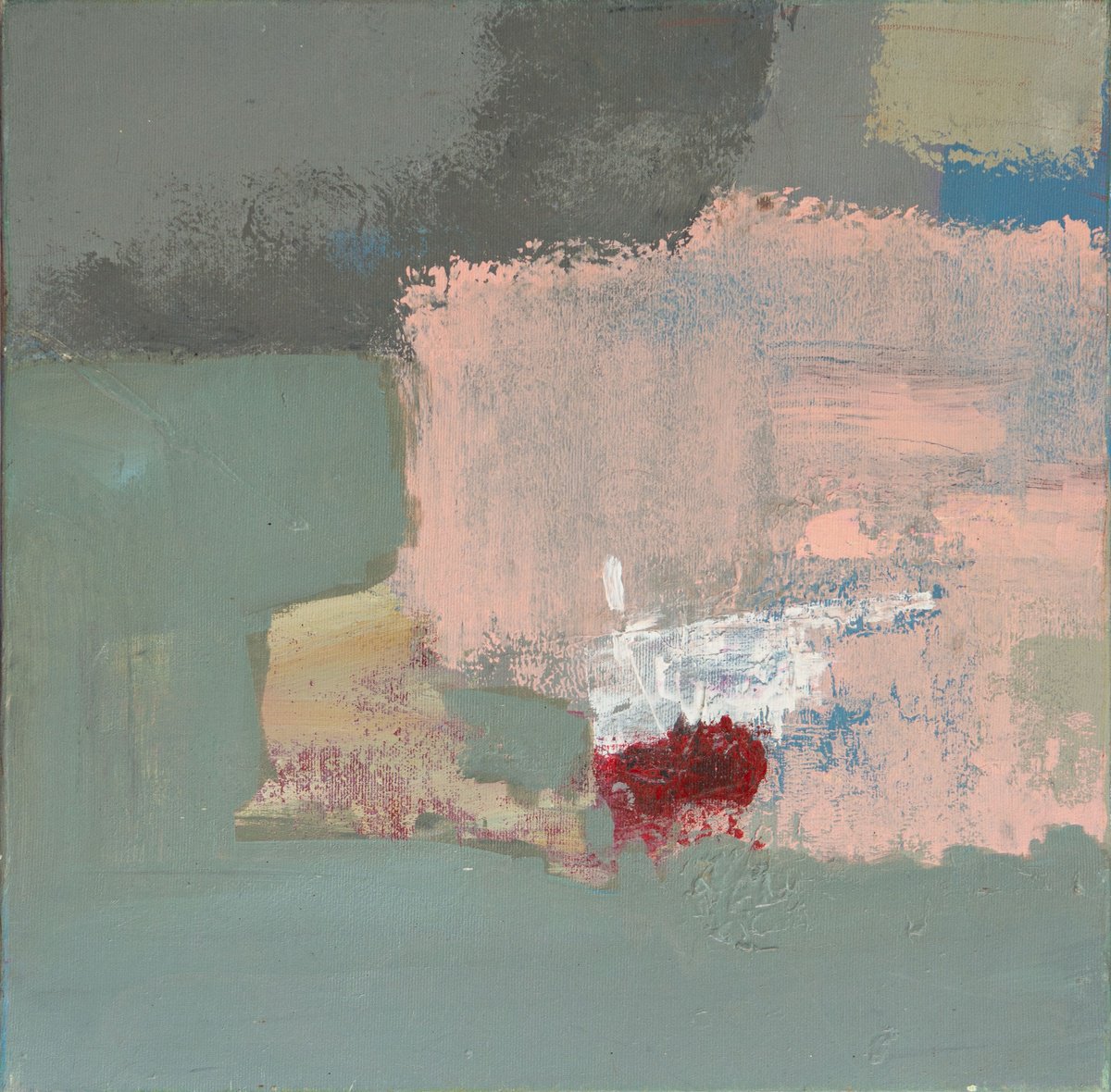 Organic Abstract Acrylic Painting By Bohdan Katolyk, 17 X 17, Crimson On Dusty Green, Original Artwork