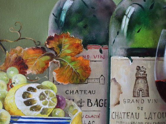 Still life with wine bottle and bowl of fruit