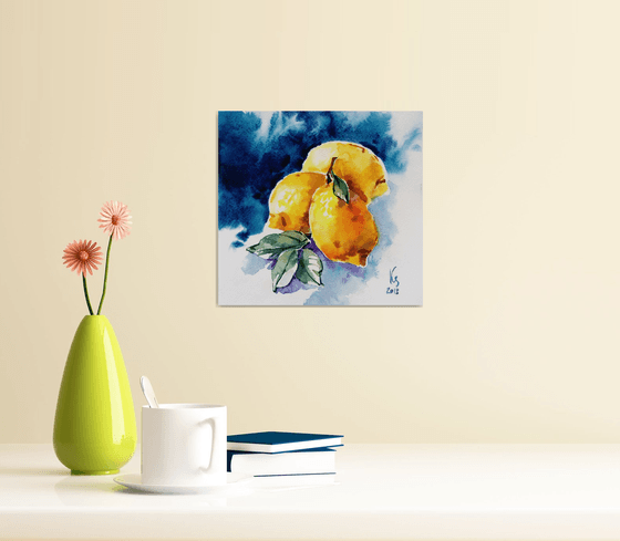 Contrasting still life "Lemons on a dark background" original watercolor artwork