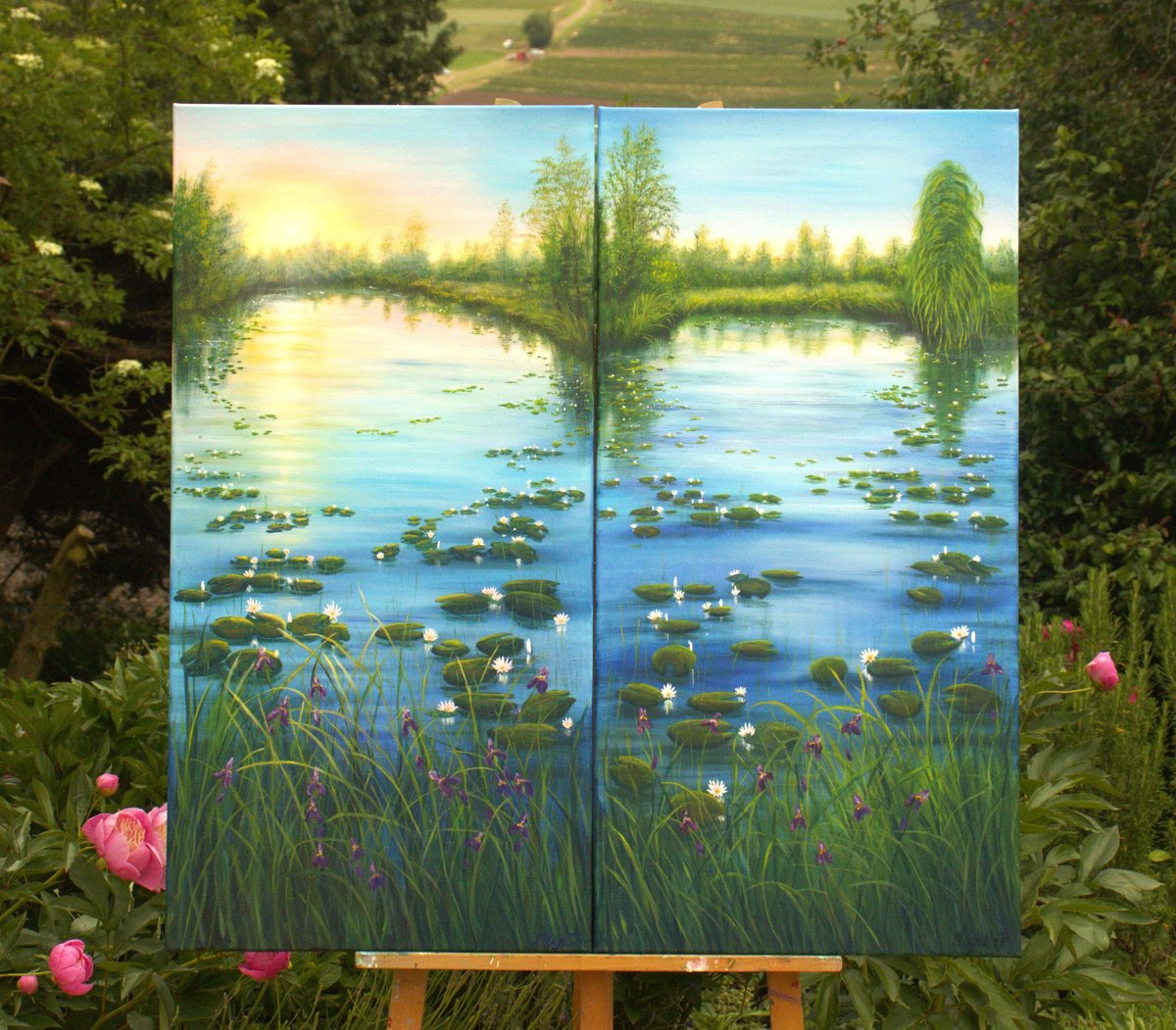Impressionistic Landscape Oil Painting By Ludmilla Ukrow, 39 X 39", Set Of 2 Lily Pond, Original Artwork