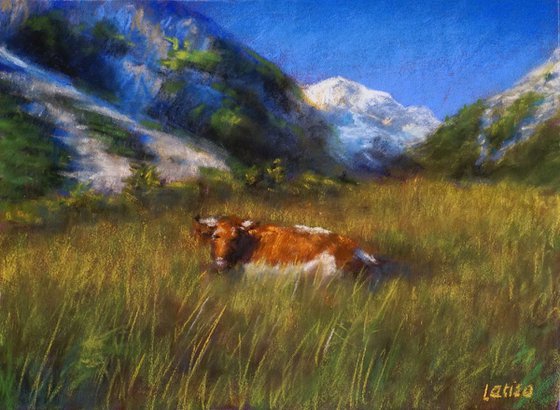 A sleeping cow, inspired by Slovene Alps | Original pastel painting