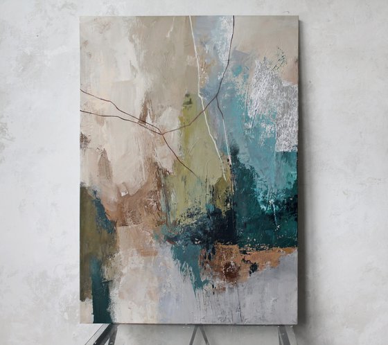 "Fall 3" Abstract acrylic teal green art