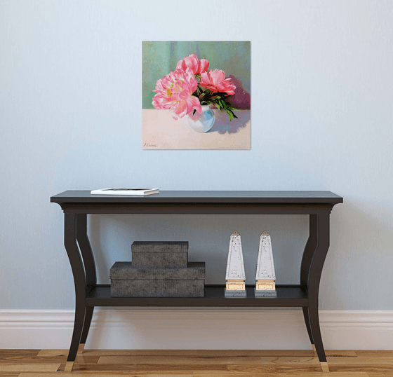 "Coral pink peonies." still life peony Coral pink old vase summer  liGHt original painting  GIFT (2020)