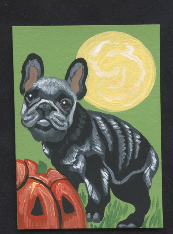 ACEO ATC Original Miniature Painting Halloween French Bulldog Skeleton Dog Pumpkin Art-Carla Smale