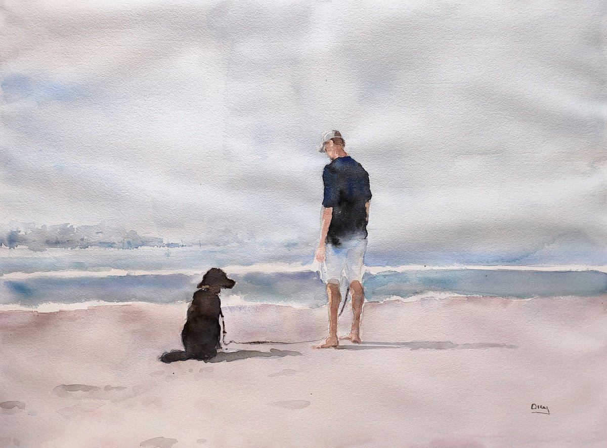 Impressionistic Landscape Watercolour By Oscar Alvarez Pardo, 30 X 22", H-Beach 1, Original Artwork