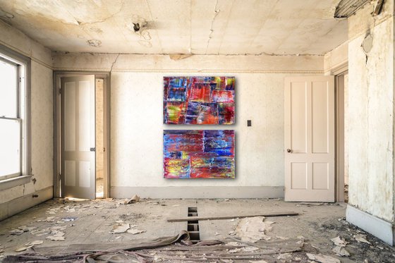 "Compliments" - Save As Series - Original Large PMS Abstract Diptych Oil Paintings On Canvas - 36" x 48"