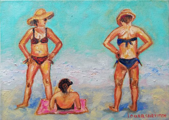 "Three Women Sunbathing " Original Oil on Canvas Board Painting 6 by 8.5 inches (15x21 cm)