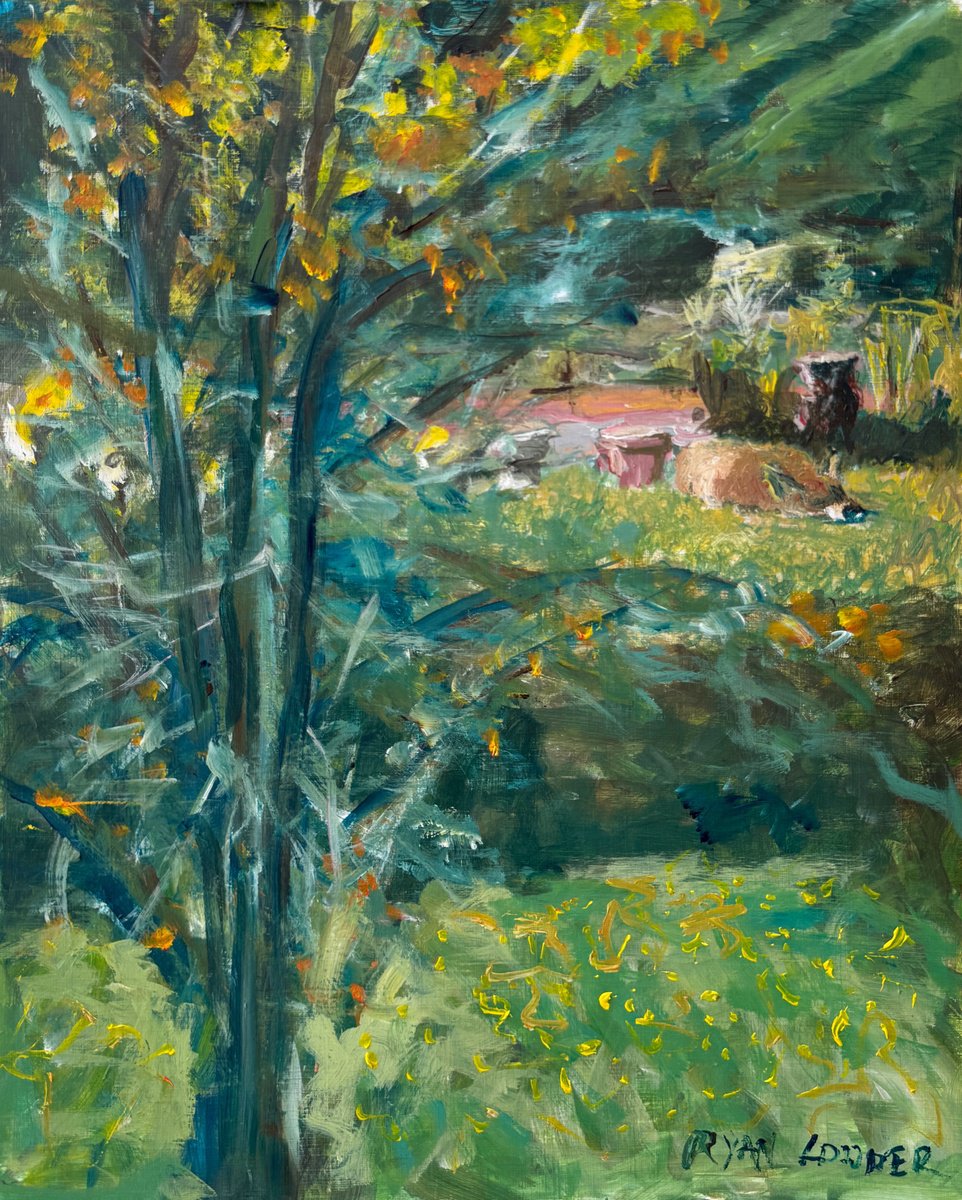 Impressionistic Landscape Acrylic Painting By Ryan Louder, 14 X 18", The Sunbathing Fox, Original Artwork