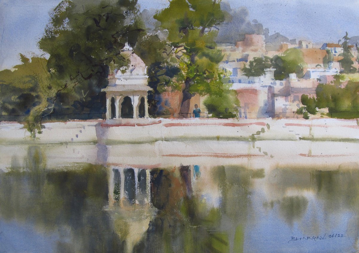 Impressionistic Landscape Watercolour By Bhargavkumar Kulkarni, 19 X 14, Soft Reflection, Original Artwork