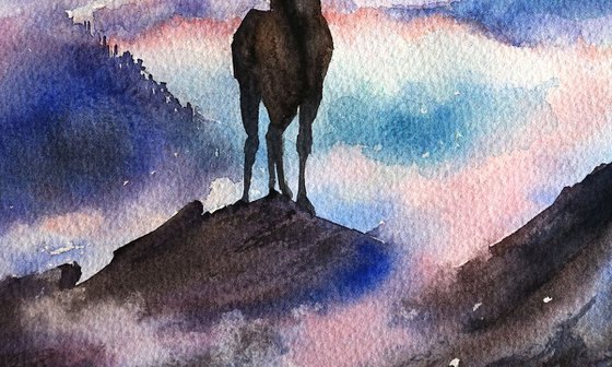 Wild Deer on Top of the World - ORIGINAL Watercolor Painting