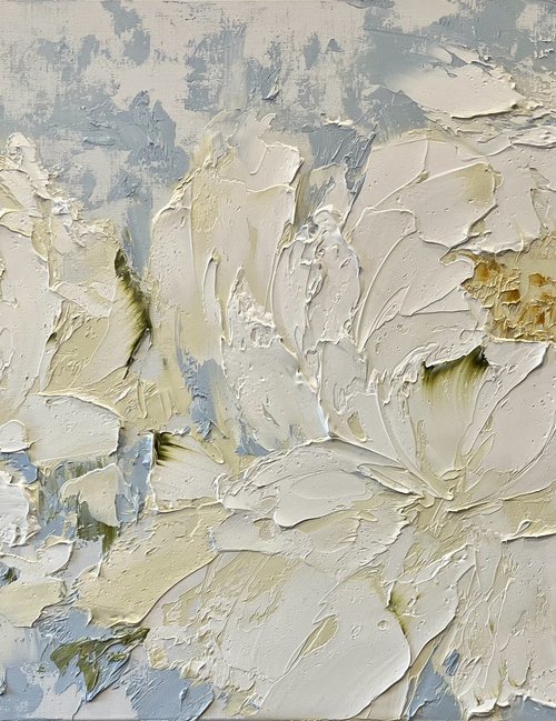 Two cream peonies on blue by Marina Skromova