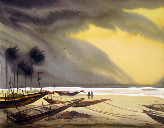 Storm & Fishing Boats- Watercolor on paper