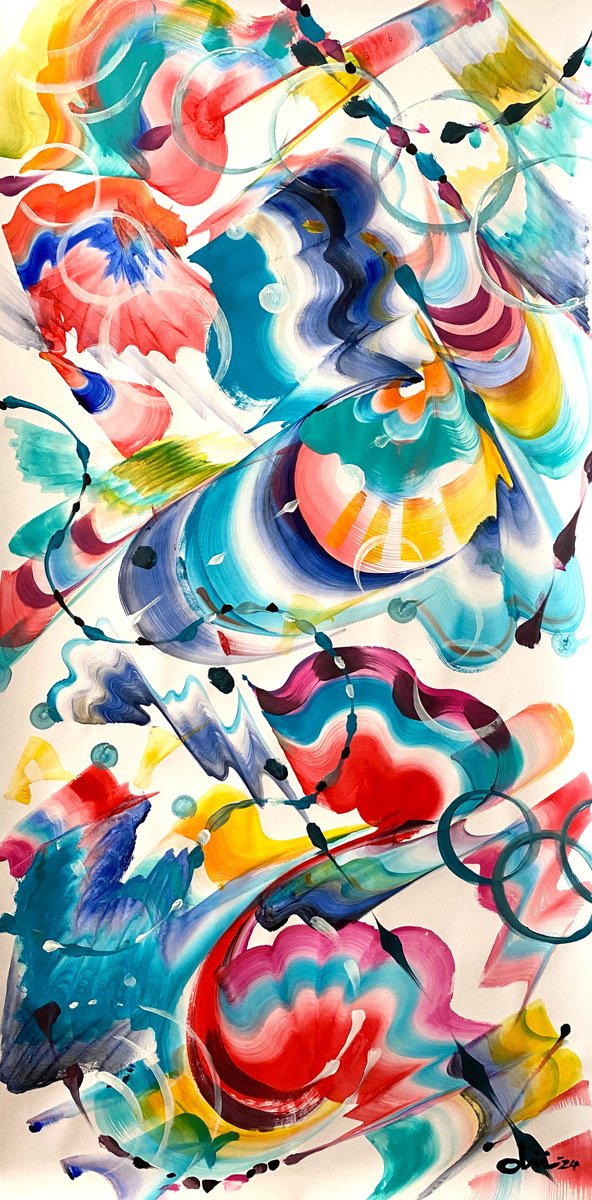 Organic Abstract Acrylic Painting By Daichi Matsusaki, 20 X 39, Color Dance 4-6-24, Original Artwork