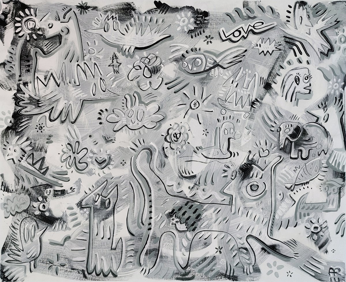 Expressive Animal Acrylic Painting By Angel Rivas, 43 X 38, Winter Is Coming, Original Artwork