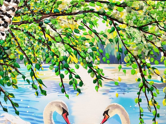 Two beautiful white swans in love on a summer lake (pond).  Decorative acrylic painting with precious stones. City landscape. Positive sunny good mood warm artwork. A wonderful gift for a couple, lovers, Wedding, Anniversary