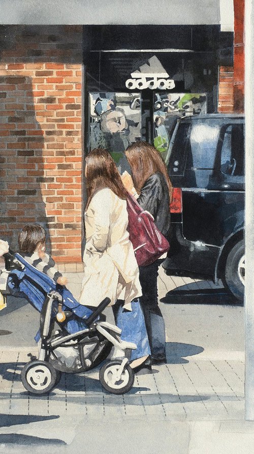 Mother and Stroller in Sunlight - Watercolor by Masato Watanabe