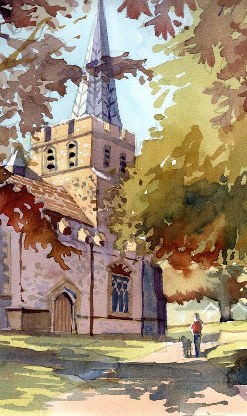 A walk through the churchyard, St Mary's Church, Minster in Thanet. Dog Walker, Trees and Shadows by Peter Day