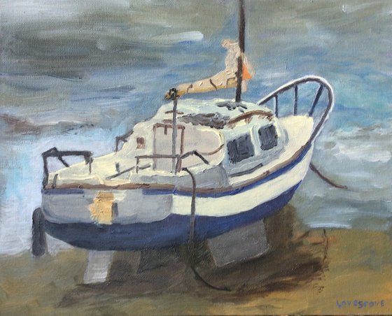 Yacht at low tide, an original oil painting