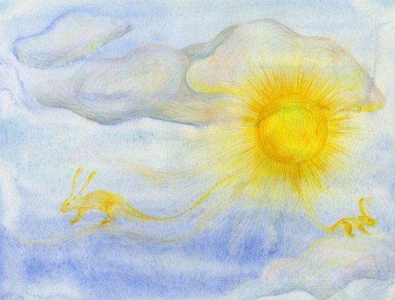 Sunbeam Bunnies children illustration. Sun and clouds in blue sky