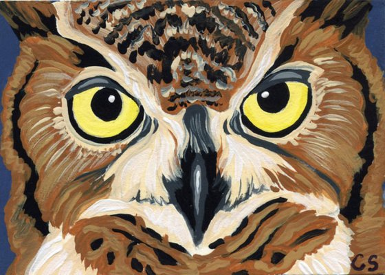 ACEO ATC Original Miniature Painting Great Horned Owl Bird Wildlife Art-Carla Smale