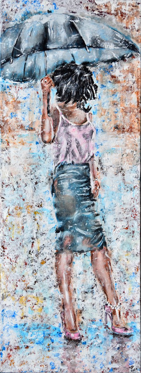 Expressive Portrait Acrylic Painting By Misty Lady - M. Nierobisz, 12 X 31", Day In Blue, Original Artwork