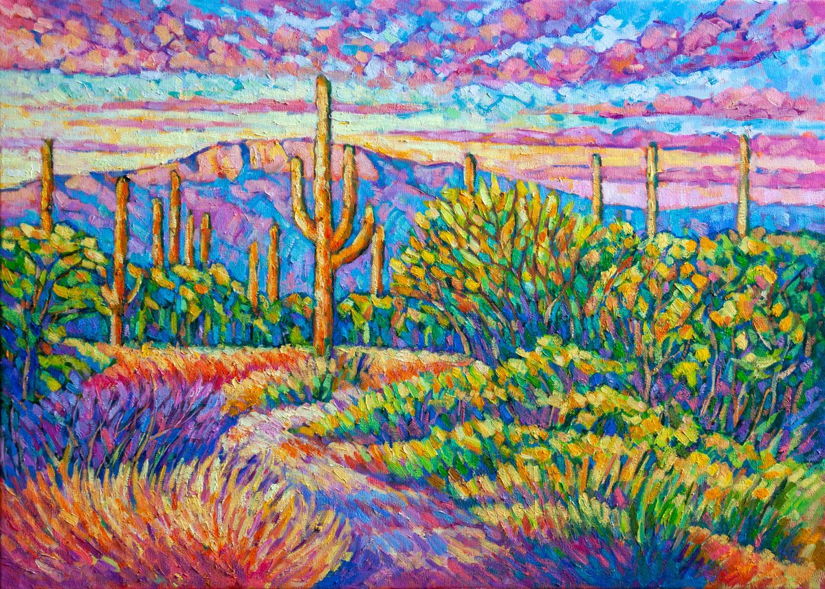 Impressionistic Landscape Oil Painting By Tao Bai, 28 X 20", Saguaro Park Sunset, Original Artwork