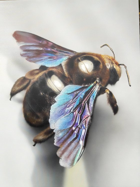 Bee painting on canvas,  original art bee, bee art, hyperrealism art insect