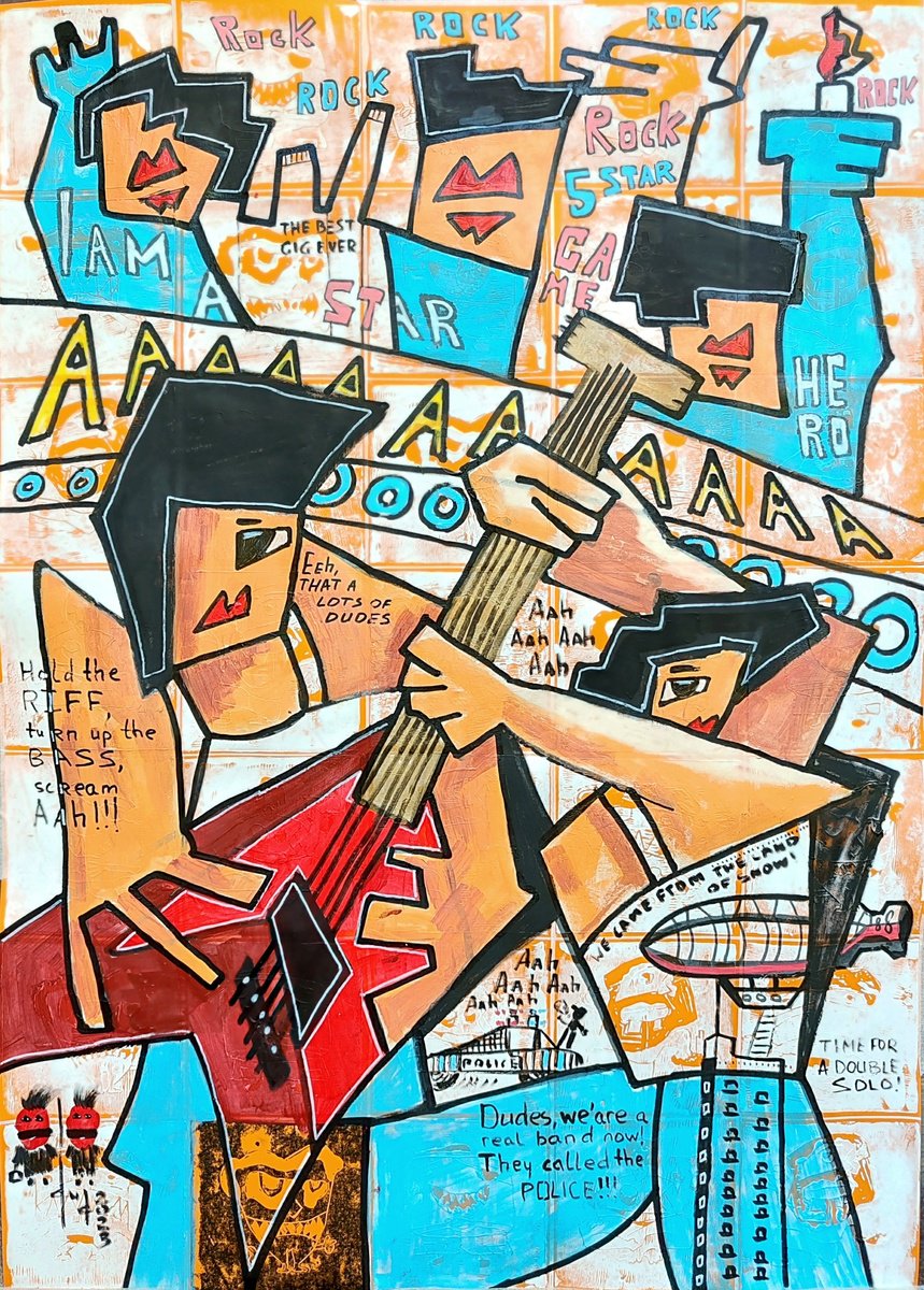 Urban And Pop Portrait Acrylic Painting By Gurgen Arutunyan, 20 X 28, Guitar Heroes, Original Artwork