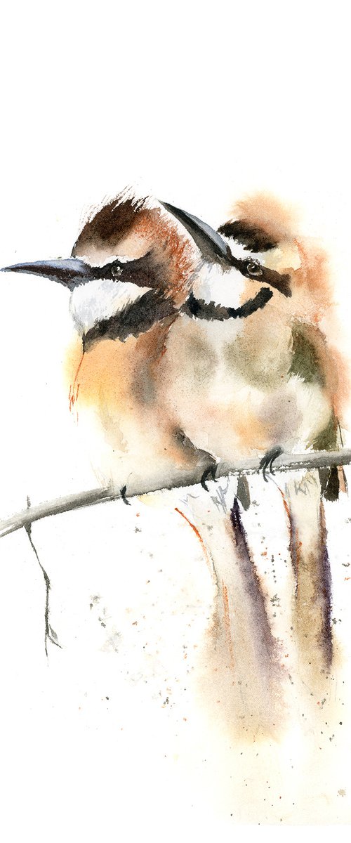 Two white throated bee eater birds  -  Original Watercolor Painting by Olga Tchefranov (Shefranov)