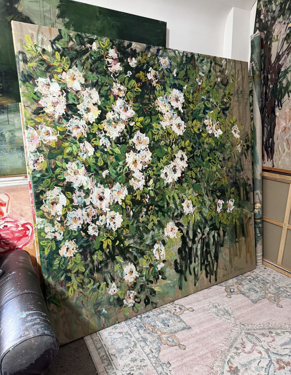Expressive Botanical Oil Painting By Lilia Orlova-Holmes, 77 X 77", Rose Hedge, Original Artwork