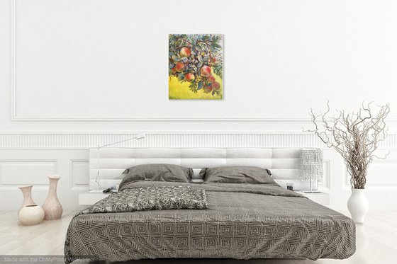 Apples on a branch.(Original oil painting of apple tree with fruits, canvas gallery wrapped ready to hung, gift idea, home decoration idea.)