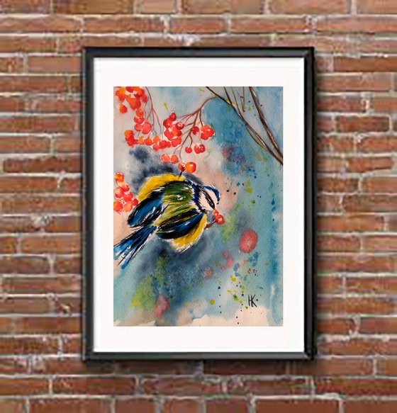 Chickadee Painting Bird Original Art Small Bluetit Original Watercolor Artwork Home Wall Art 7 by 10" by Halyna Kirichenko