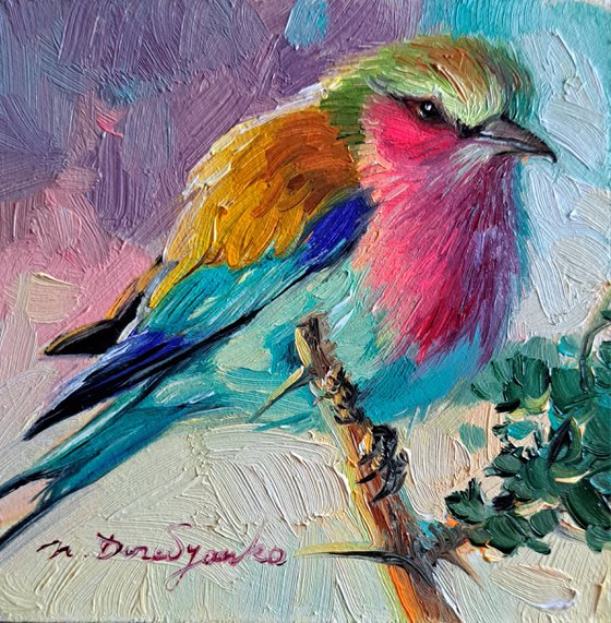 Bird painting original oil 4x4, Lilac-breasted Roller bird small frame art in gold frame