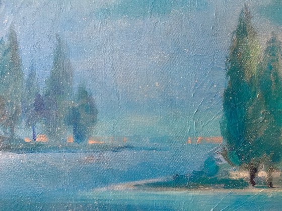 Minimalistic landscape - "Blue fog" - Minimalism - Landscape - Lake - River - Winter