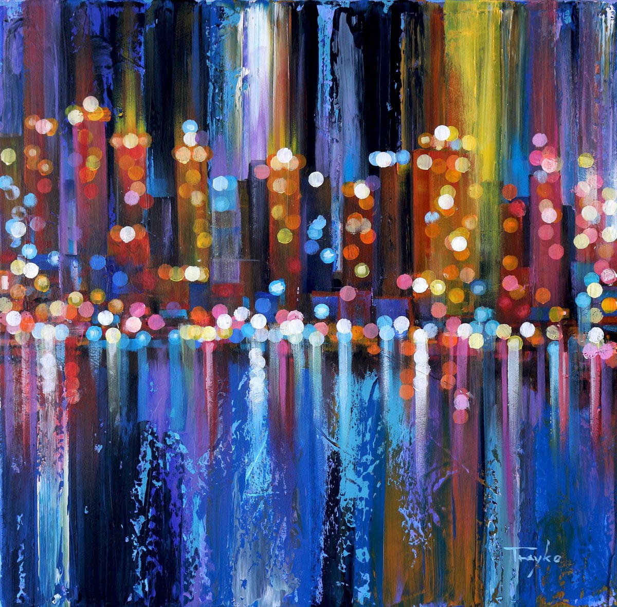 Impressionistic Cityscapes Acrylic Painting By Trayko Popov, 31 X 31", City Lights | Megapolis | Skyscrspers, Original Artwork