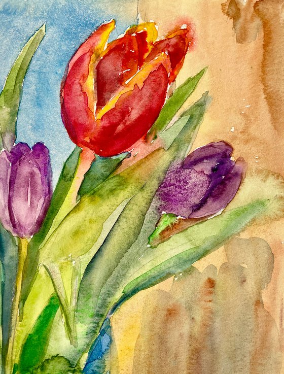 Tulips Original Watercolor Painting, Mothers Day Gift, Boho Colorful Wall Decor