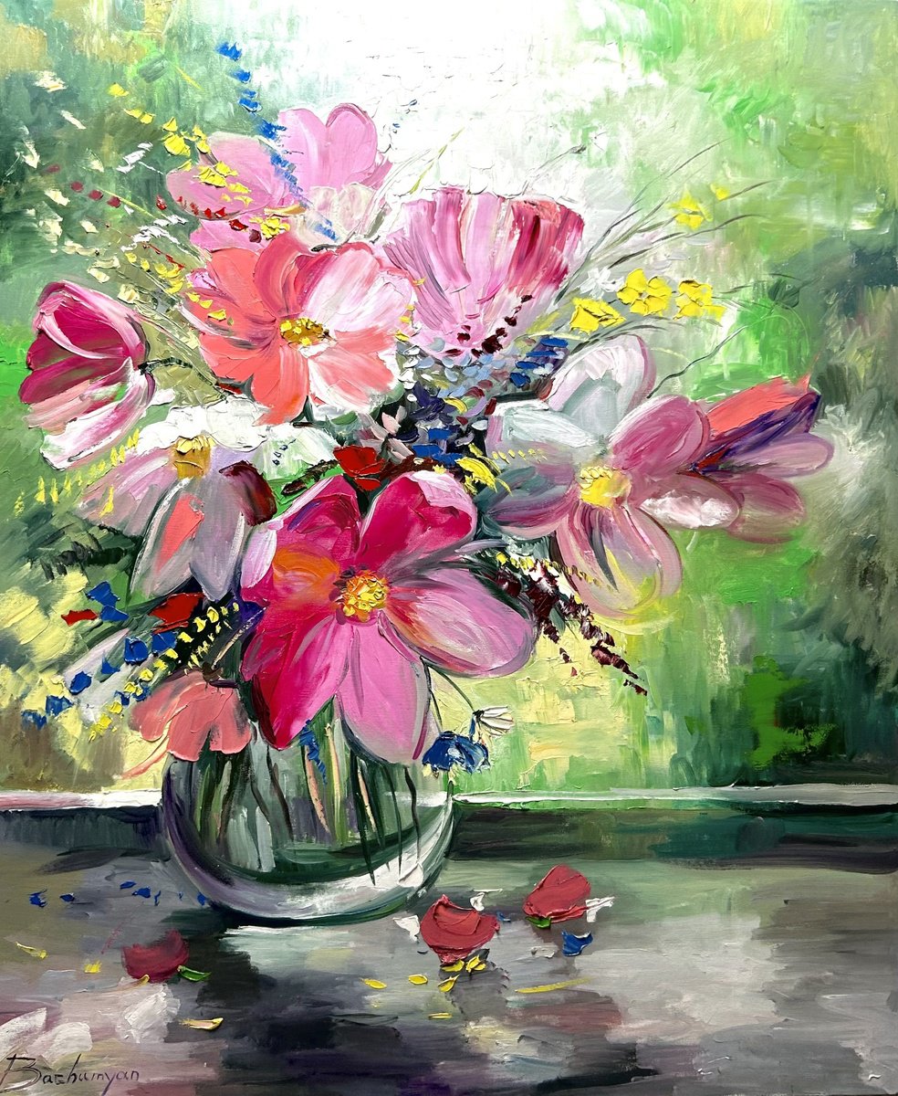 Impressionistic Botanical Oil Painting By Vahe Bagumyan, 39 X 47", Spring In Vase, Original Artwork