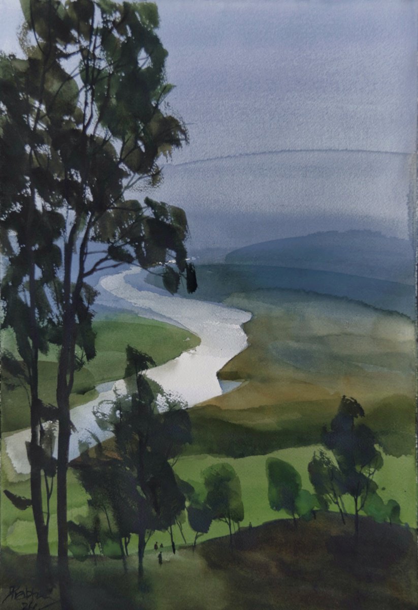 Impressionistic Landscape Watercolour By Prashant Prabhu, 14 X 20", River And Us, Both Strolling, Original Artwork