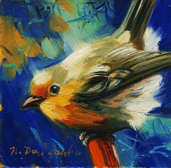 Robin Bird oil painting original art 4x4 in frame, Cute little bird picture small art framed wildlife painting