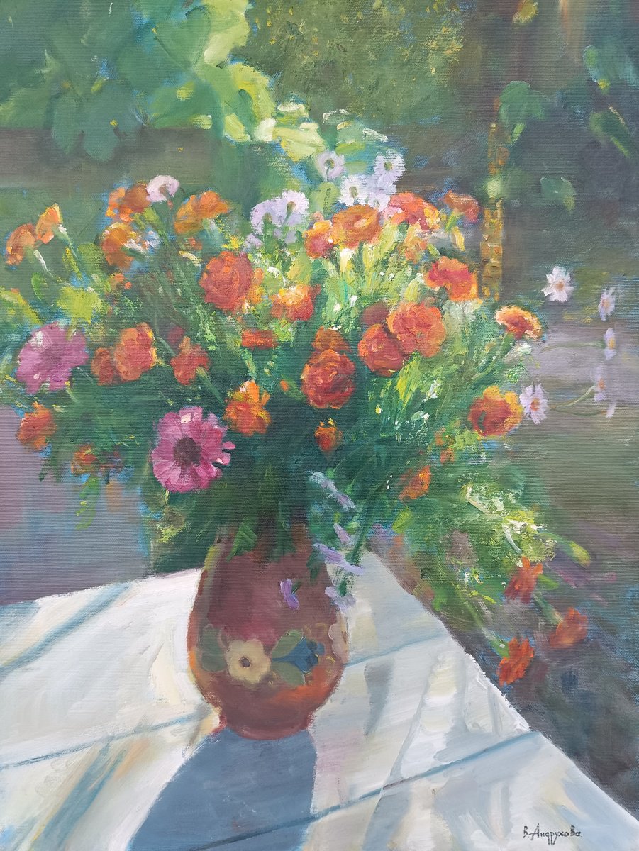 Impressionistic Still Life Oil Painting By Valentina Andrukhova, 18 X 24", Last Rays Of The Sun, Original Artwork