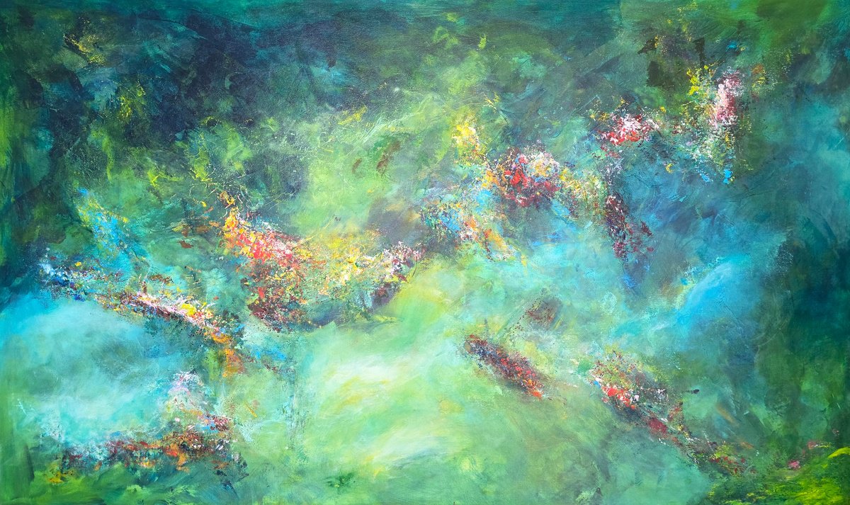Organic Abstract Acrylic Painting By Doris Duschelbauer, 64 X 38, The Whisper Of Chlorophyll, Original Artwork