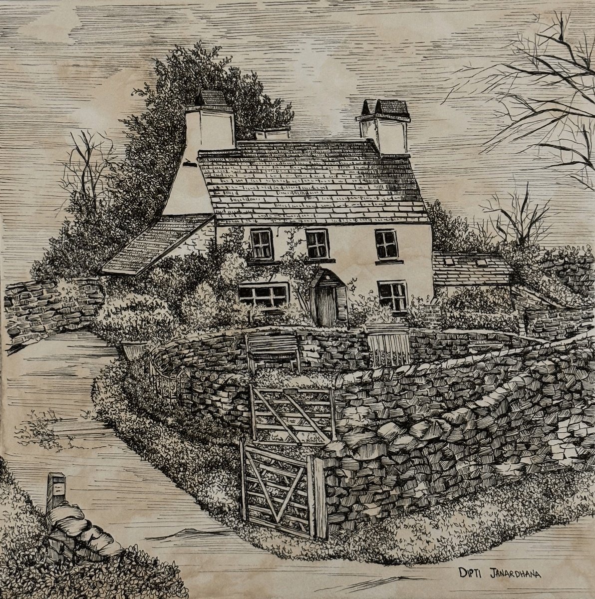 Illustrative Cityscapes Ink Drawing By Dipti Janardhana, 8 X 8, Country House 1, Original Artwork