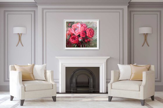 Pink coral peonies bouquet still life
